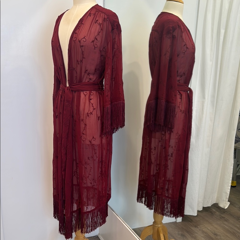Anthropologie Burgundy Sheer Kimono with Fringe